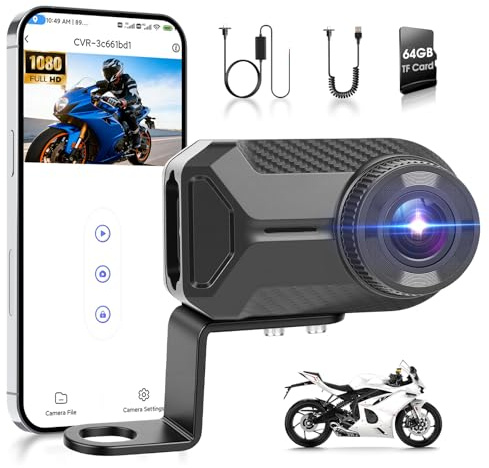 Motorrad-Dashcam 1080P HD, IP66 wasserdicht, integriertes WLAN, 110° Weitwinkel, Loop-Aufnahme, One-Key-Fotoaufnahme, Mini tragbar mit Montageset