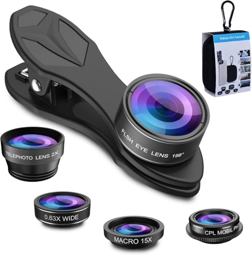 BAONUO 5-in-1 Handy objektiv Set,0.63X Weitwinkelobjektiv und 15X Makroobjektiv + 198° Fischaugenobjektiv + CPL + 2X Teleobjektiv, für iOS iPhone und meisten Android Smartphone Schwarz