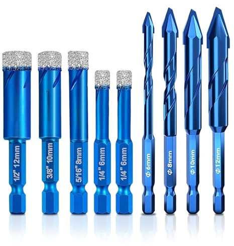 9Pcs Diamond Drill Bit Set, 5 Pcs Porcelain Tile Drill Bit 6/6/8/10/12mm | 4 Pcs Masonry Drills Bits 6/8/10/12mm, Hex Shank Diamond Dry Drills Bits Set, Suitable for Granite Marble Stone and Ceramic