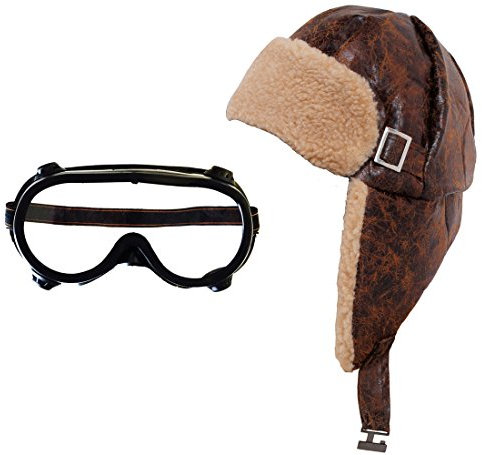 I LOVE FANCY DRESS FLIEGERMÜTZE/RUSSEN KOSTÜM VERKLEIDUNG Retro Variation=HELLES TEDDYFELL Innenseite = Kunstleder KAMPFFLIEGER MÜTZE MIT OHRKLAPPEN Variation + Flieger Brille