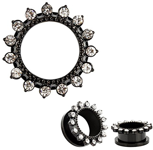 HuaCan Flesh Tunnel Plug set 6-16mm Ohr Piercing Stecker Schwarz Silber Kristall Blütenblätter Double Flared Klassisch Expander Schrauber Außengewinde Chirurgen Edel Stahl Damen Herren Punk 2 Stück