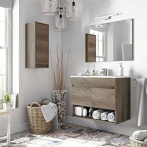 Miroytengo Conjunto mobiliario Aseo con Mueble suspendido 2 Puertas y Hueco, Espejo, lavamanos de pmma y Columna Colgante de diseño Actual y Moderno