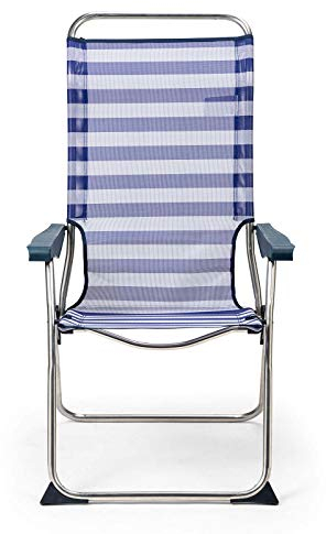 Solenny Klappbarer Strandstuhl, 5 Positionen, mit anatomischer Rückenlehne, 67 x 63 x 114 cm, Blau und Weiß, waschbarer Stoff und Stabilisator-Füße für mehr Sicherheit, Bunt