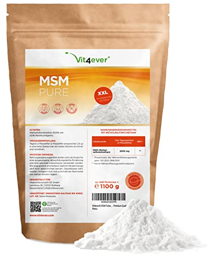 vit4ever MSM Pulver - 1,1 kg (1100 g) - 99,9% reines kristallines Methylsulfonylmethan - Meshfaktor 40-80 - Organischer Schwefel - Vegan