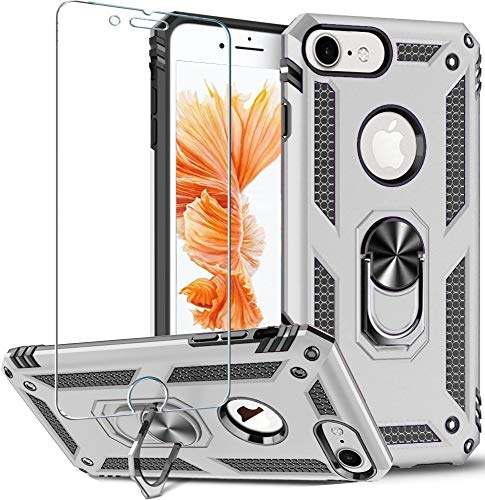 Folmeikat iPhone 8/7/6/6S Handyhülle,mit Displayschutzfolie 4,7 Silber | iPhone 8/7/6/6S Displayschutzfolie 360 Grad drehbarer Metallring Stoßdämpfung verstärkte Ecken TPU