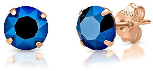 Pendientes Mujer Plata de Ley 925 Chapados Oro Rosa 18K con Brillantes de Cristal Azul 6 mm - Pendientes de Botón Oro Rosa