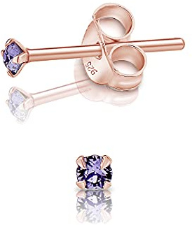 Pendientes de Botón Plata Ley 925 Chapados Oro Rosa 18K on Cristales Brillantes Tanzanita 2 mm - Pendientes Dorados para Mujer - Punto de Luz Hipoalergénicos