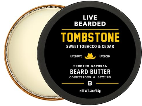 Live Bearded Beard Butter, 3 fl oz - Made in the USA - All-Natural Leave-in Conditioner and Softener with Shea | Tombstone Scent - Sweet Tobacco, Cedar