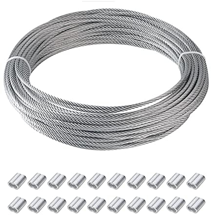 aufodara 15m x 2mm Drahtseil PVC-ummantelt Edelstahl Stahlseil mit 20 Stück Aluminium Crimpschlaufe für Bilderrahmen Hängender Seil Wäscheleine Pflanzenhalter (15M)