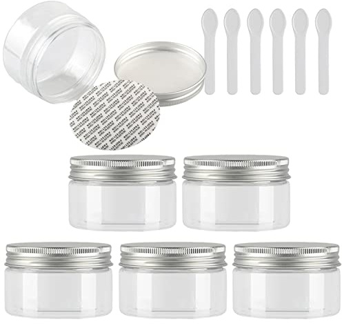 TIANZD 6 Stück Kleine 100 ml Transparent Kunststoff Leere Cremedose Dose mit Silber Deckel 100 g Leerdose Schraubdose Blechdosen Kosmetische Behälter Tiegel, 6 Stück Spatel