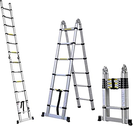 Teleskopleiter 3.8m Aluleiter Ausziehbar Klappbar Leiter 1.9M+1.9M Alu Mehrzweckleiter 3.8M Leiter mit Stützstange 12 Sprossen bis,150 kg 330 Pfund Belastbarkeit, Ausziehbar Leiter