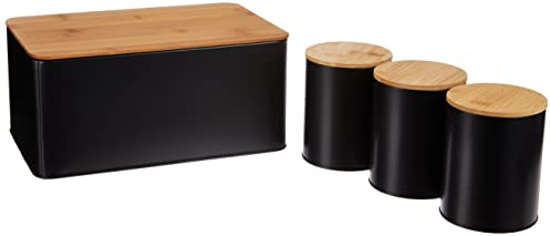 WENKO Panera con tapa de bambú, tabla de cortar integrada, incluye juego de 3 tarros, recipientes para almacenamiento de alimentos, 32,5 x 21 x 15 cm, color negro