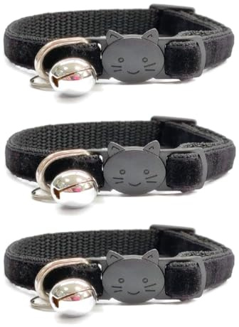 Sammet katthalsband med klocka. Safe Breakaway snabbspänne. Finns i katt- och kattungestorlek (paket med 3) (kattunge-halsband (15–23 cm), svart sammet (paket med 3))