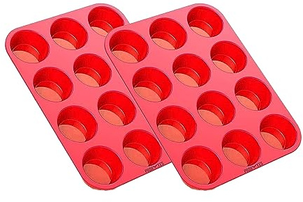 ProBytes Silicone 12 Cups Muffin Tray/Mould - Non-Stick, BPA-Free, Baking Tray/Tin, Dishwasher & Oven Safe, Dessert, Fairy Cakes, Cup Cakes, Brownies, Yorkshire Pudding, Freezing - Red x 2 Pcs