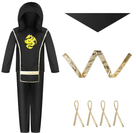 AOOWU Black Ninja Costumes Set with Foam Accessories Toys Kung Fu Outfit Halloween Christmas Dress Up Cosplay Party Costume Boy Girls 10-12yr (L)