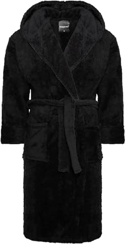 SnuggleME Dressing Gowns for Men | Super Soft Snuggle Hooded Dressing Gown | Men's Warm and Cozy Fleece Nightwear Robe | Gifts for Him L BLACK/black