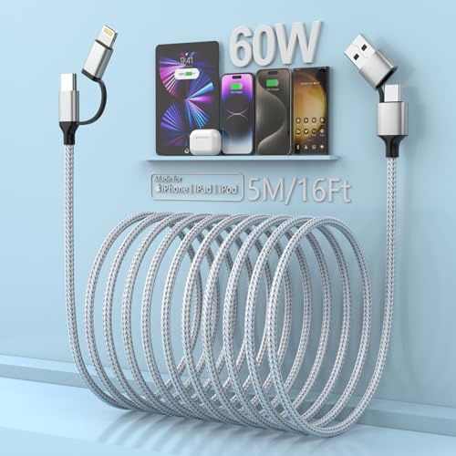 MTAKYI 4-in-1 Schnellladekabel 5M [Apple MFi Certified], 60W USB-Kabel, USB C auf Lightning/Typ C auf USB C/USB A auf Lightning Multi Ladekabel für iPhone, Android, Samsung, Huawei (60W, 5M)