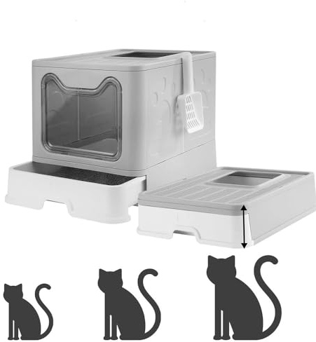 Bandeja de arena para gatos, gran casa de aseo plegable con tapa, bandeja de cajón y pala de caña, portátil, WC para gatos grandes y pequeños (gris, 51 x 41 x 38 cm)