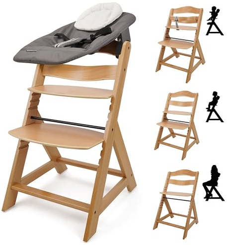 509 Crew Sun Wooden High Chair Grow Up Set from New Born Up to 90kg, Baby High Chair Include New Born Seat, Pillow Cushion, Color Natural Charcoal