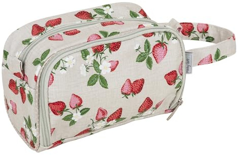 Hobby Gift Häkeltasche für Häkelsachen & Zubehör - Tasche mit Reißverschluss, Wollöse & Wollhalter, 100% weiche Baumwolle, vielseitige Reise- & Kosmetiktasche - 21 x 24 x 10 cm, Erdbeeren