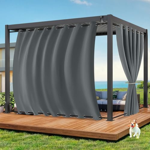 Qelus Outdoor Vorhang Wetterfest B254xH274CM, Wasserdicht Outdoorvorhänge mit Ösen, Aussen Gardinen Winddicht Sonnenschutz Sichtschutz für Garten Terrasse Balkon Pergola Pavillon (Grau)
