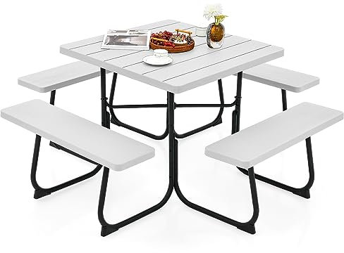 GOPLUS Picknicktisch Set, Gartenmöbel Set für 8 Personen, Sitzgruppe Outdoor inkl. 4 Bänke & 1 Campingtisch mit 4,8cm Schirmloch, Gartentisch Bierzeltgarnitur für Picknick Party (Weiß)