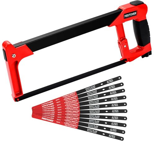 MAXPOWER Seghetto per Metallo con 10 Lame Intercambiabili, Sega ad Arco Bimetallico da 300 mm con 2 Angoli di Taglio, Telai per Sega per Metallo, Legno, Acciaio, Tubi in PVC, Sega a Mano Professionale