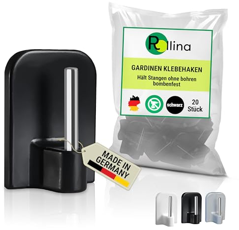 Rollina Klebehaken schwarz für Scheibengardinen (20 STK.) | Gardinenhaken für Gardinenstange ohne Bohren | Haken zum Einhängen | Fensterhaken, Gardinenhalter