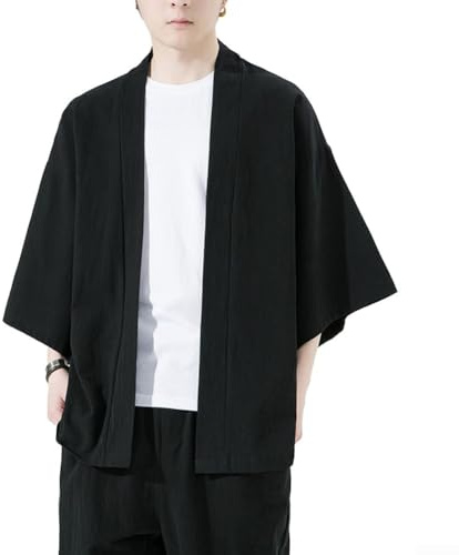 Cardigan kimono classique en lin uni pour homme, chemise de style japonais, vêtements d'été tendance bleu marine (XL noir)