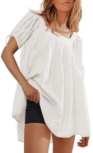 Tankaneo Womens Square Neck Babydoll Tops Summer Puff Short Sleeve Tunic Shirts Casual Loose Fit Blouse White