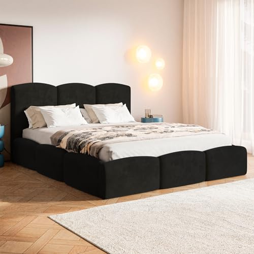 MOTIVENA Cloud Bubble Bett 180x200 Schwarz Samt, mit Stauraum, mit Kopfteil, mit Lattenrost, ohne Füße, ohne Matratze, Bubble Polsterbett 180x200 mit Bettkasten Schwarz
