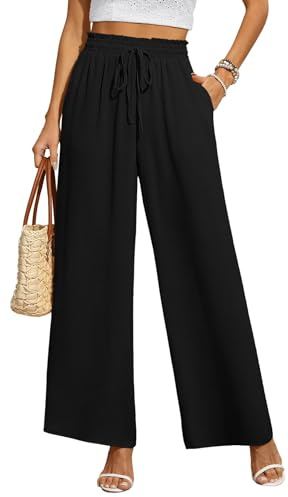 Anelune Damen Hosen Sommer Weite Hohe Taille mit Taschen Damen Hose Sommer Schwarz XXL