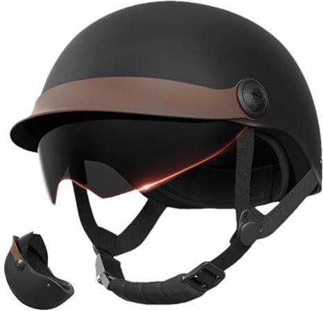 Yonuaret Casco con visera, ideal para scooter, scooter, ciclomotor, moto, casco de moda, cómodo para hombre y mujer, Negro