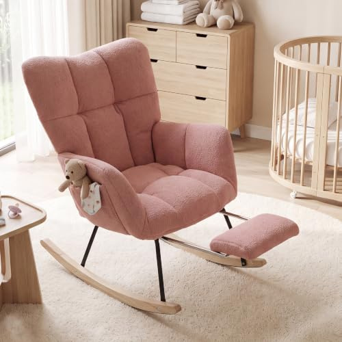 DEKKETO Teddy Schaukelstuhl mit Fußstütze und Seitentasche, Rosa | Stillsessel für Wohnzimmer, Leises Schaukeln, Breites Sitzkissen, Metallrahmen, Holz-Schaukelbasis, 123 x 70 x 98,5 cm