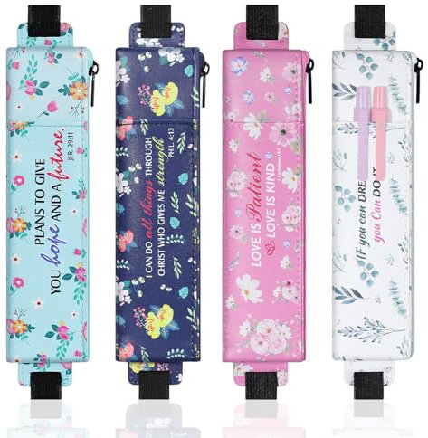 MoKo Elastische Federtasche für Notebook, 4 Stück PU Leder Federmäppchen mit Tasche Verstellbares Band, Schreibwarenbeutel Stiftköcher für Planer Journale Buch für Studentin Geschenk, Blumen