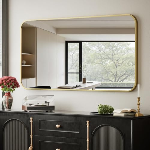 BEAUTYPEAK 30 x 40 Gold Metal Frame Rectangle Vanity Mirror with Rounded Corners, Wall Mounted Bathroom Mirror for Farmhouse, Restroom, Entryway, Horizontal or Vertical Hanging
