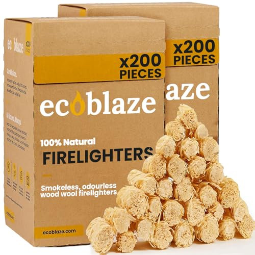 400 Ecoblaze Natural Firelighters | 2 x 200 Box | Long Burning, Fast Lighting, Odourless wood Wool Starters | Kindling Wood, BBQ Lighter Kit, Firestarter for Pizza Ovens, Log & Wood Burners, Fire Pits