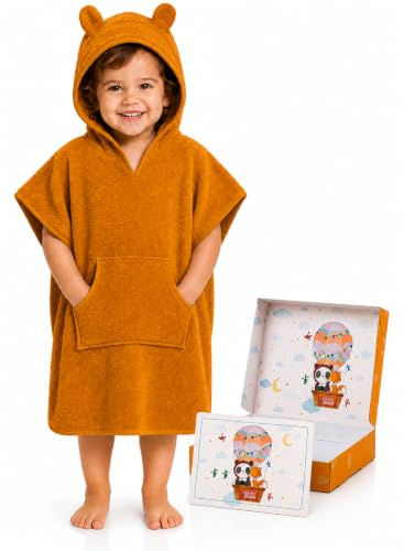 FUCHSUNDPANDA Fuchs&Panda® Badeponcho Kinder EXTRA warm, weich & kuschelig (100% Bambus) | Badeponcho Baby | Handtuch Poncho Kinder mit toller Geschenkverpackung (Lehm-braun)