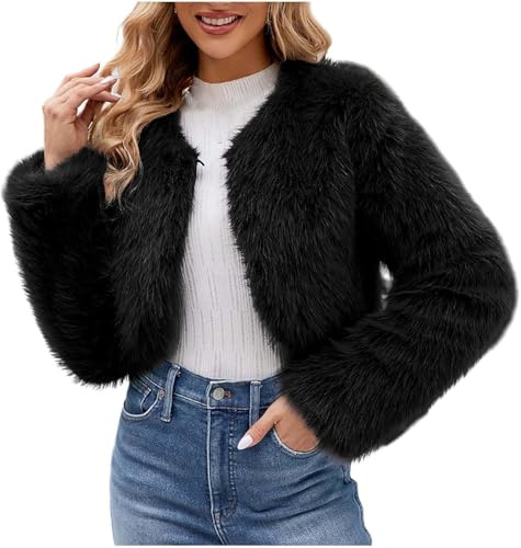 DSAoTeng Bolero da donna soffice aperto sul davanti, in finta pelliccia, casual, corto, spesso, morbido, pelliccia sintetica, caldo, girocollo, per abbigliamento invernale (nero, M), Nero , M