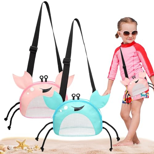 Kids Beach Bag Crab 2Pcs Design Seashell Bag Cute Mesh Beach Bag with Adjustable Strap Beach Toy Bag Sand Toy Bag for Holding Shells Beach Toys.