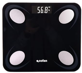 Cofan Digitale Personenwaage zur Messung des Körperfetts. Intelligente Waage mit genauer Messung bis zu 180 kg. 12 Körpermaße. Verbindung mit Bluetooth und FitGo-App. USB-Ladekabel