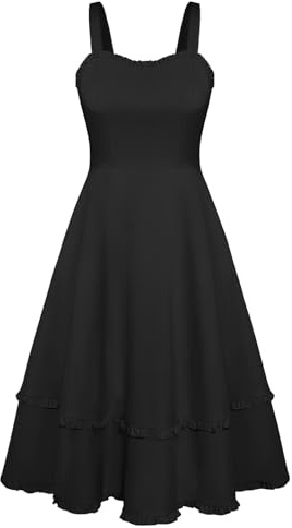 Belle Poque Damen Trägerkleid Frühling Retro Ärmellos Spaghettiträger Lang Kleid Schwarz XL