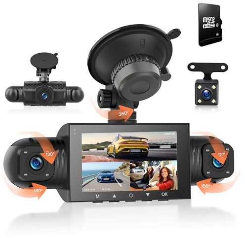 360° Dashcam Voiture, avec 4 x Caméra 1080P Avant et Arrière Gauche Droite avec Carte 64G, 3 Dash Caméra Vision Nocturne/Vidéo en Boucle/G-Sensor/Moniteur de Stationnement 24H/Aide au Stationnement