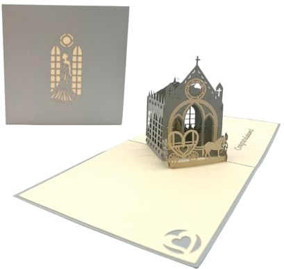 3D Pop-Up Hochzeitskarte mit Kirchen-Motiv, Grau und Gold, Handgefertigt