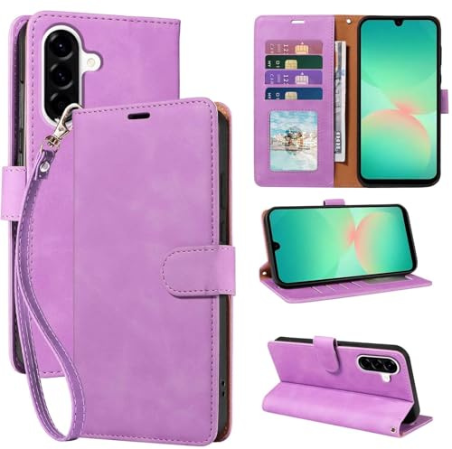GOTOURED RFID Blocking for Samsung Galaxy A26 Case Wallet (Purple) | 4 Card Slots, Soft PU Leather, TPU Inner Shell, Wrist Strap, Kickstand, Magnetic Folio Flip Cover, Shockproof Protective