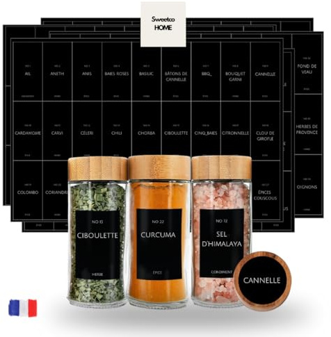 SWEETCO HOME - Étiquettes autocollantes bocaux – 232 étiquettes épices en français, vinyle premium imperméable et résistant, étiquettes pot à épices minimalistes rondes et rectangulaires pour cuisine
