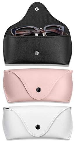 Techchii Brillenetui Leder, 3 Stück Tragbares Brillenetuis Weich Sonnenbrillen Etui PU Brillenhülle Wasserdicht Brillentasche mit Druckknopf Geeignet für Männer, Frauen und Kinder