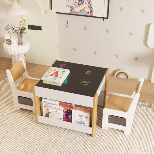 OPULENTHOME Tisch- Und Stuhlset für Kinder, 4-In-1-AktivitäTstisch Aus Holz Mit Aufbewahrungsschublade, Abnehmbare Tischplatte, Tisch- Und Stuhlset für Kleinkinder Zum Zeichnen, Lesen, Kunsthandwerk