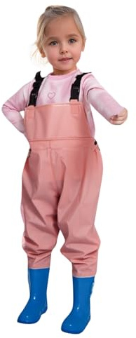 Kids Chest Waders Youth Fishing Waders for Toddler Children Waterproof Trousers with Boots Boys Romper 2-15 Years Old Boy Girls Mud Water Proof Pants Clothes Toddler Rainwear for Outdoor Play Pink