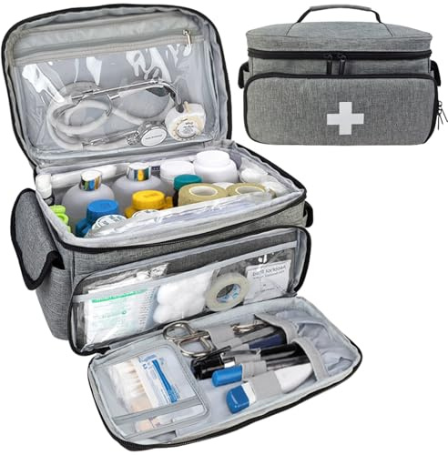 Trousse médicale avec plusieurs compartiments, portable, sac d'urgence vide, pour l'école, les voyages, le camping, la randonnée et les soins à domicile (gris)